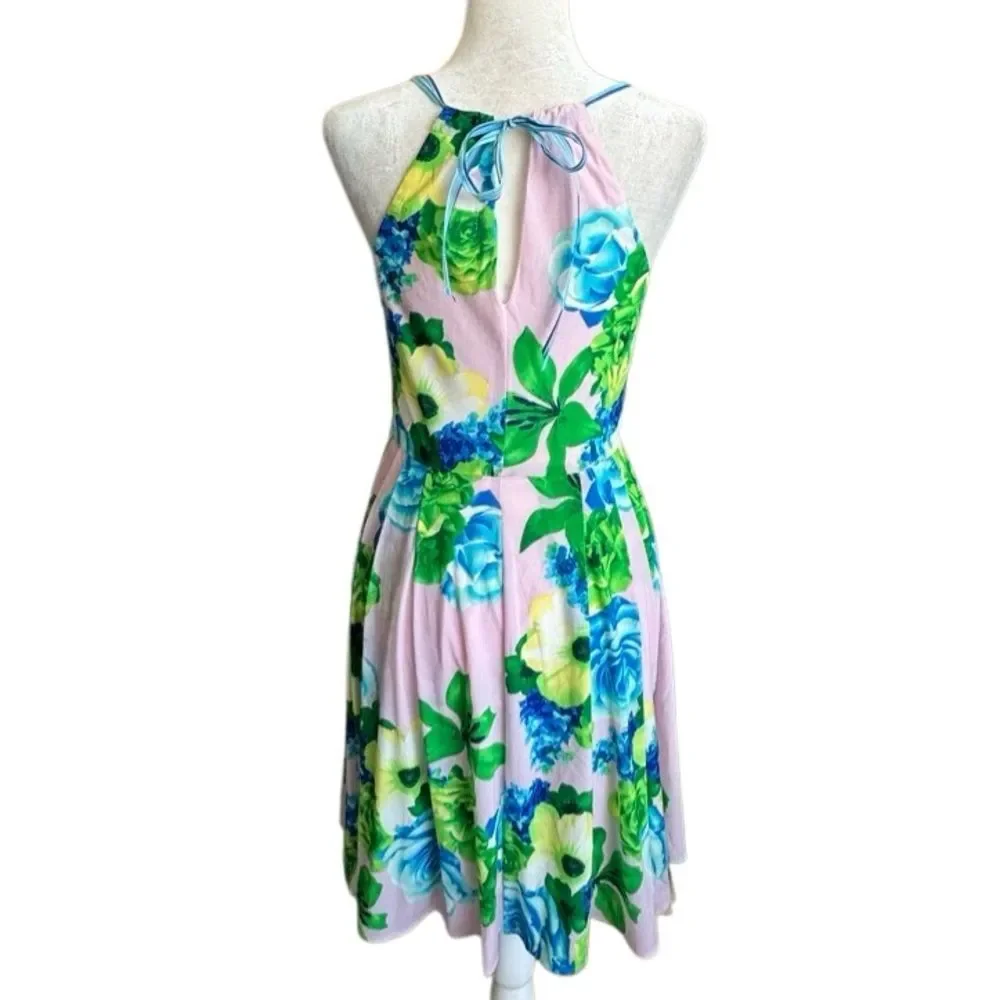 Antropologie Eva Franco Floral Pink Dress Halter Top Keyhole Rare Romantic SZ S